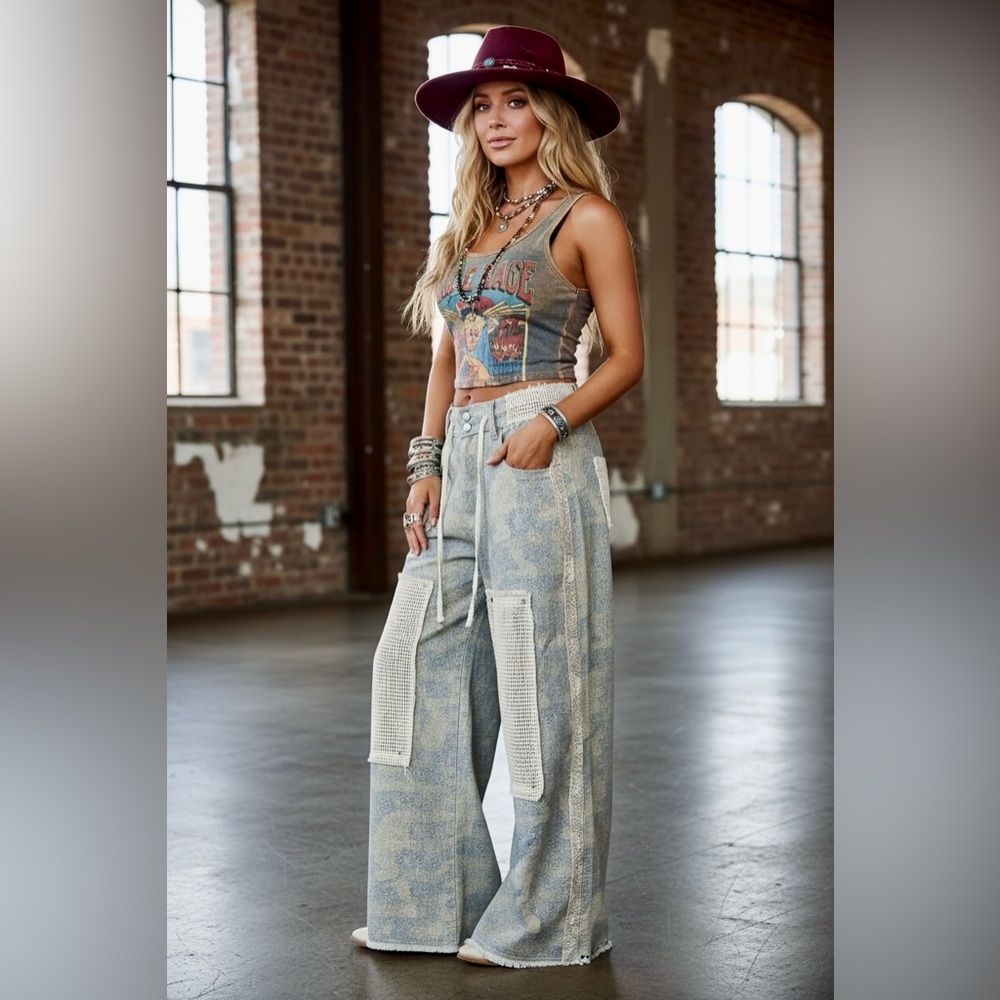 NWT POL Patchwork Boho Patch Crochet Wide Leg Cam… - image 4